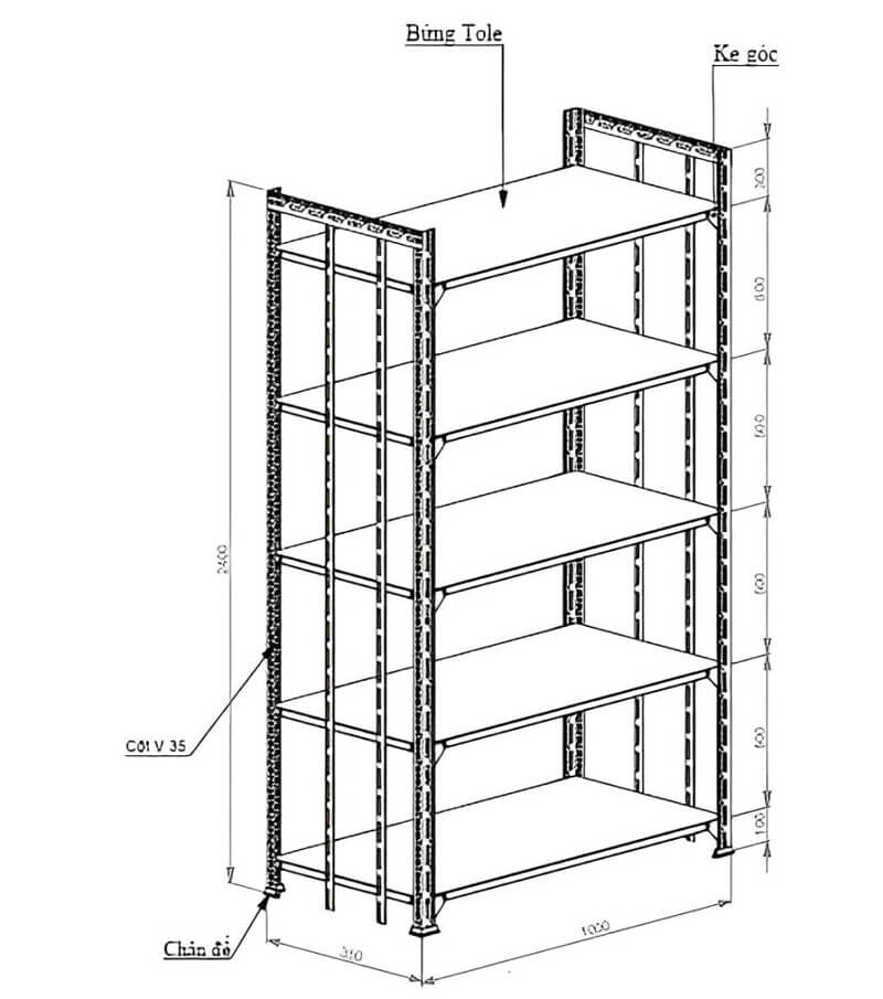 kệ sắt v lỗ 4 tầng kích thước